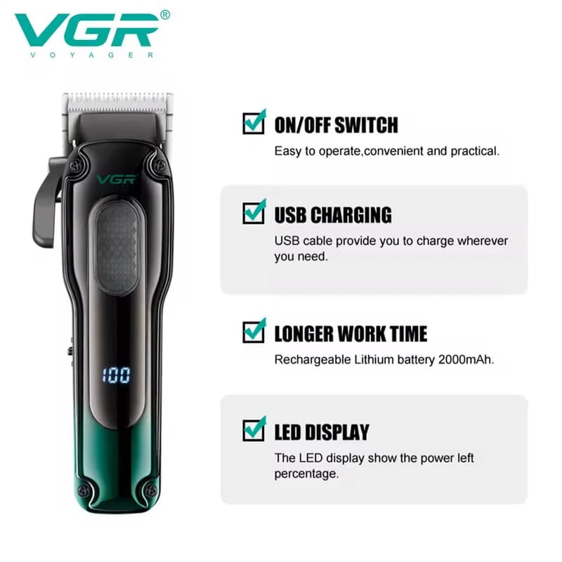 Аккумуляторная машинка для стрижки (clipper) VGR V-013 GREEN, 8 насадок, 6500 RPM, 2000 mAh, LED display, фото 5