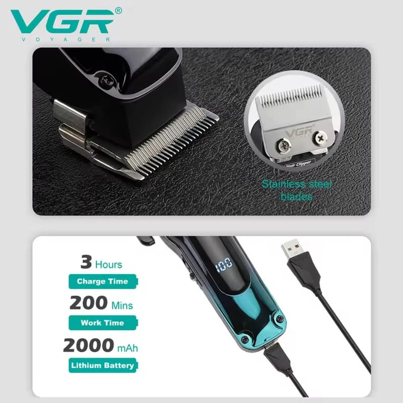 Аккумуляторная машинка для стрижки (clipper) VGR V-013 GREEN, 8 насадок, 6500 RPM, 2000 mAh, LED display, фото 6