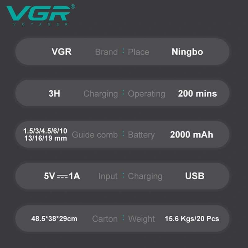 Аккумуляторная машинка для стрижки (clipper) VGR V-013 GREEN, 8 насадок, 6500 RPM, 2000 mAh, LED display, фото 8