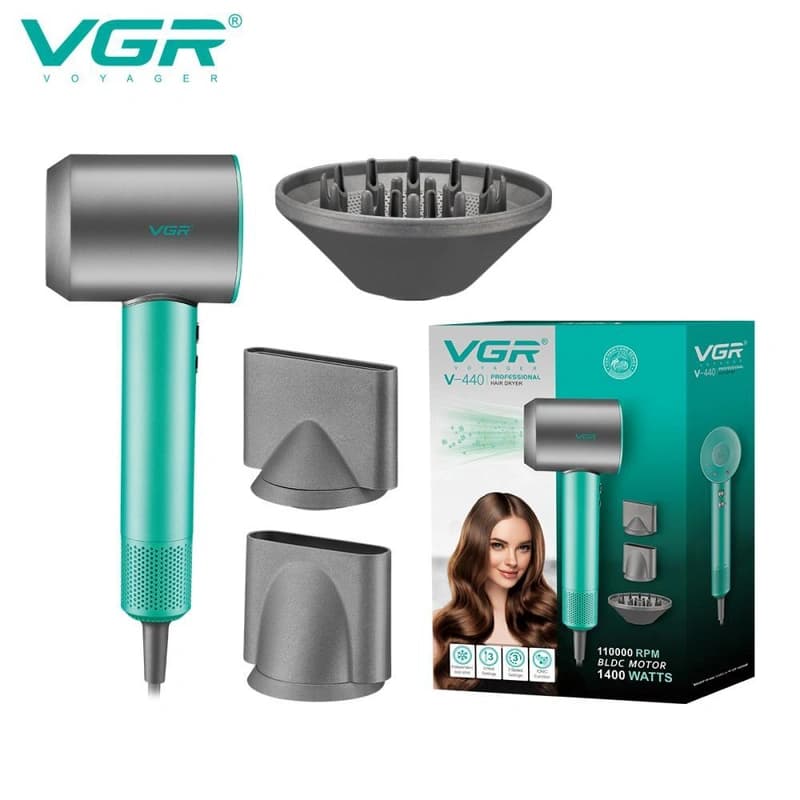 Фен професійний VGR V-440 GREEN, 3 рівні обдування, 3 рівні температури, 110000 RPM, 3 насадки, фото 1