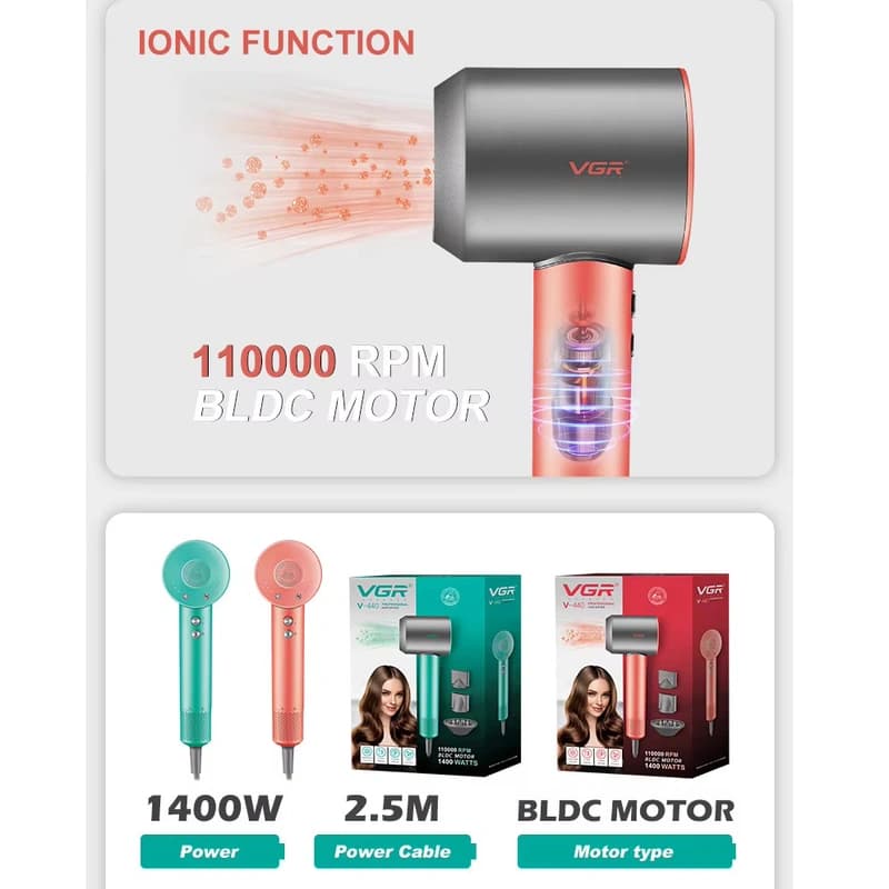 Фен професійний VGR V-440 PINK, 3 рівні обдування, 3 рівні температури, 110000 RPM, 3 насадки, фото 2