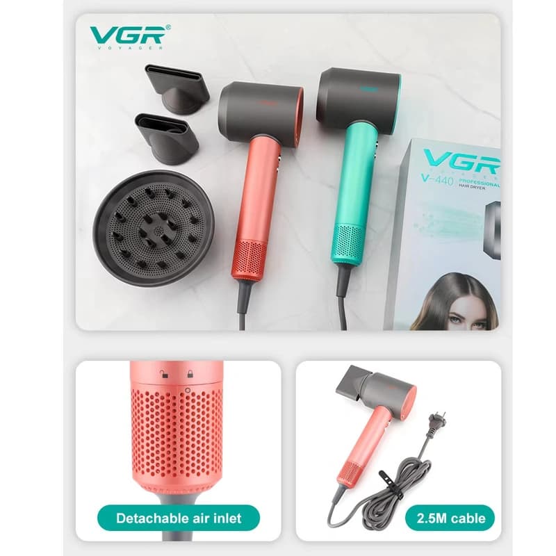 Фен професійний VGR V-440 PINK, 3 рівні обдування, 3 рівні температури, 110000 RPM, 3 насадки, фото 3