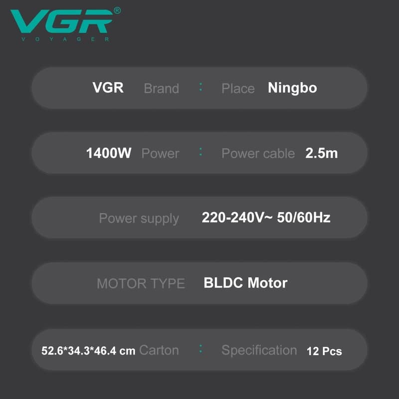 Фен професійний VGR V-440 PINK, 3 рівні обдування, 3 рівні температури, 110000 RPM, 3 насадки, фото 4