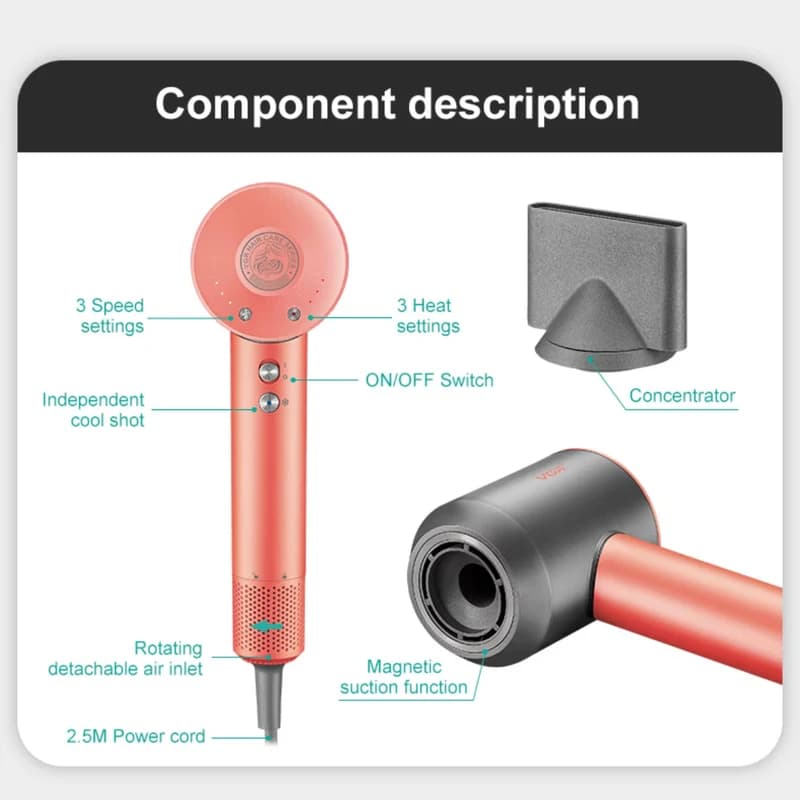Фен професійний VGR V-440 PINK, 3 рівні обдування, 3 рівні температури, 110000 RPM, 3 насадки, фото 5