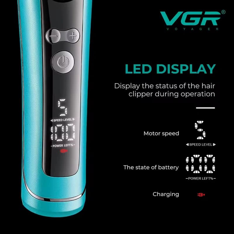 Тример VGR V-299 BLUE, 4 насадки, 9000RPM, 2000 mAh, 5 рівнів швидкості, LED display — фото 2