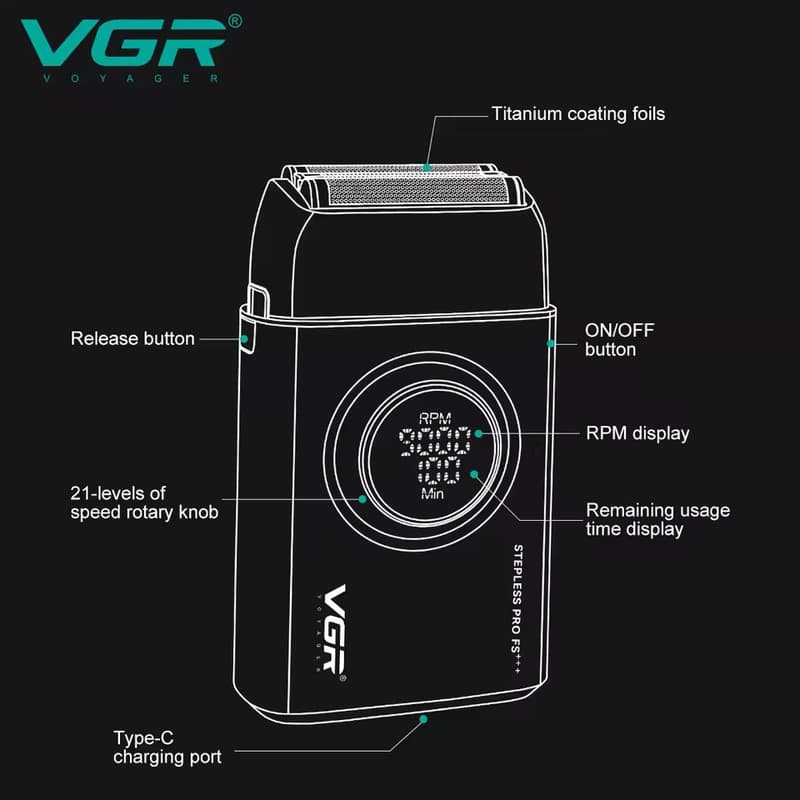 Електробритва VGR V-378 BLACK шейвер, подвійне лезо + тример, регулювання потужності 7000-9000 RPM, LED display, фото 2
