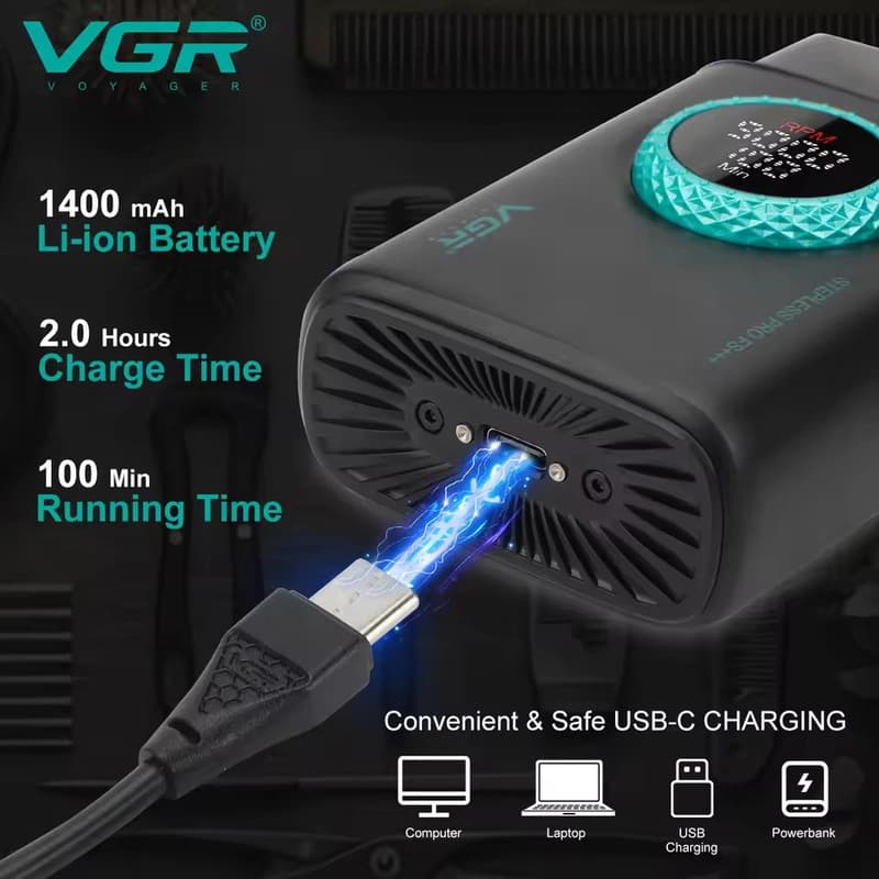 Електробритва VGR V-378 BLACK шейвер, подвійне лезо + тример, регулювання потужності 7000-9000 RPM, LED display, фото 3