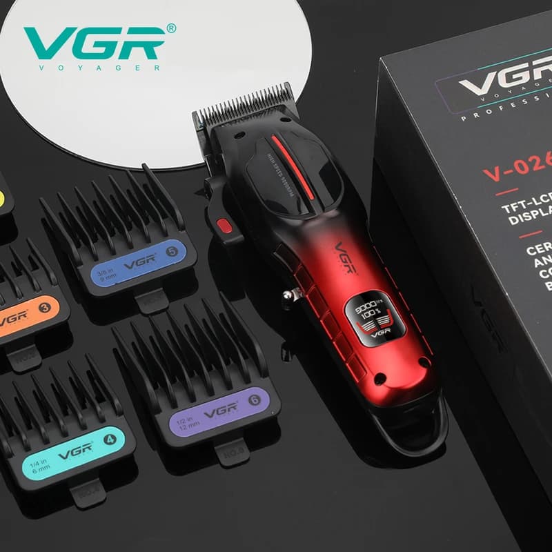 Акумуляторна машинка для стрижки (clipper) VGR V-026 RED, 6 насадок, 9000 RPM, LED display — фото 2