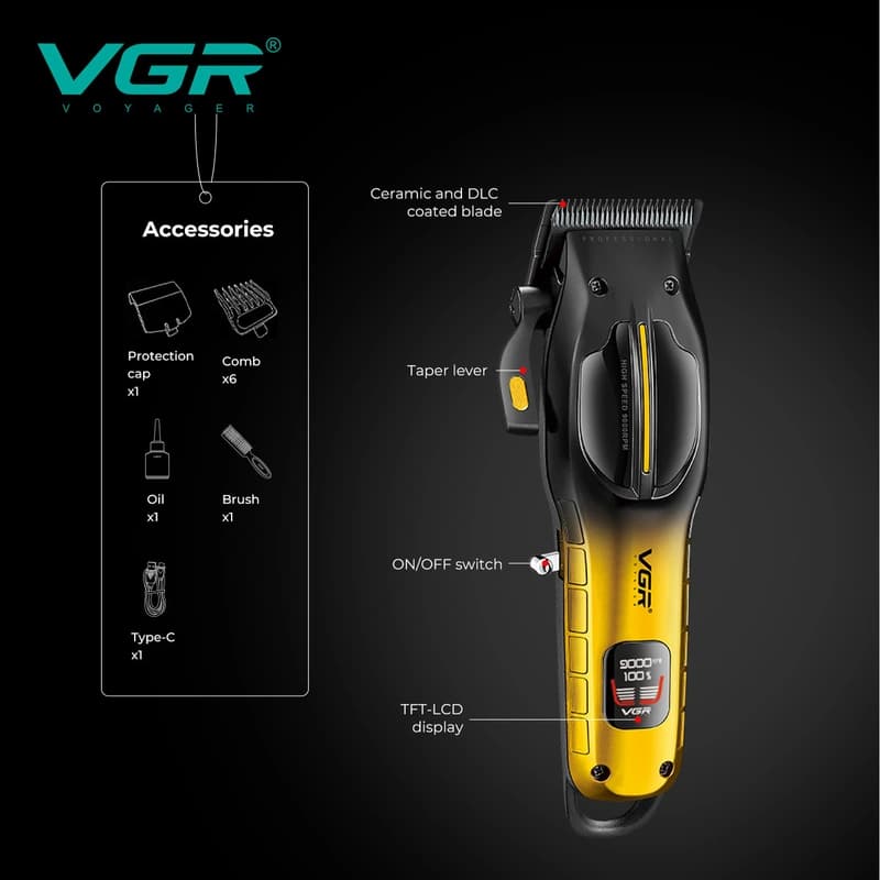 Акумуляторна машинка для стрижки (clipper) VGR V-026 RED, 6 насадок, 9000 RPM, LED display — фото 3
