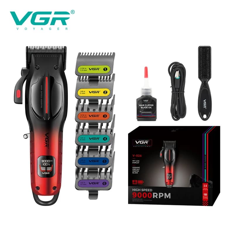 Акумуляторна машинка для стрижки (clipper) VGR V-026 RED, 6 насадок, 9000 RPM, LED display — фото 4