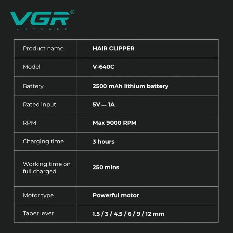 Акумуляторна машника для стриження (clipper) VGR V-640C GOLD, 6 насадок, LED display, 9000RPM — фото 2