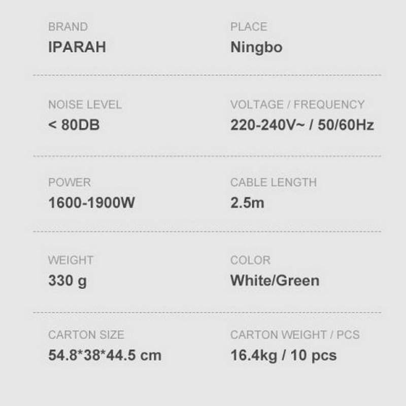 Професійний фен IPARAH P-385G GREEN, 3 рівні обдування, 3 рівні температури, 1600-1900W — фото 2