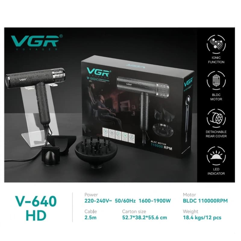 Фен профессиональный VGR V-640HD, 3 уровня обдува, 4 уровня температуры, 110000RPM, фото 9
