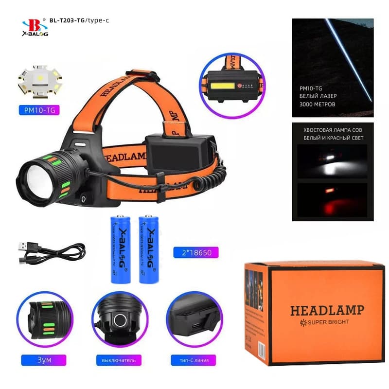 Ліхтар налобний NIGHT VISION FLUORESCENCE BL-T203-TG+COB(White+Red), 2x18650, 1 РЕЖИМ, ЗП Type-C, zoom — фото 2