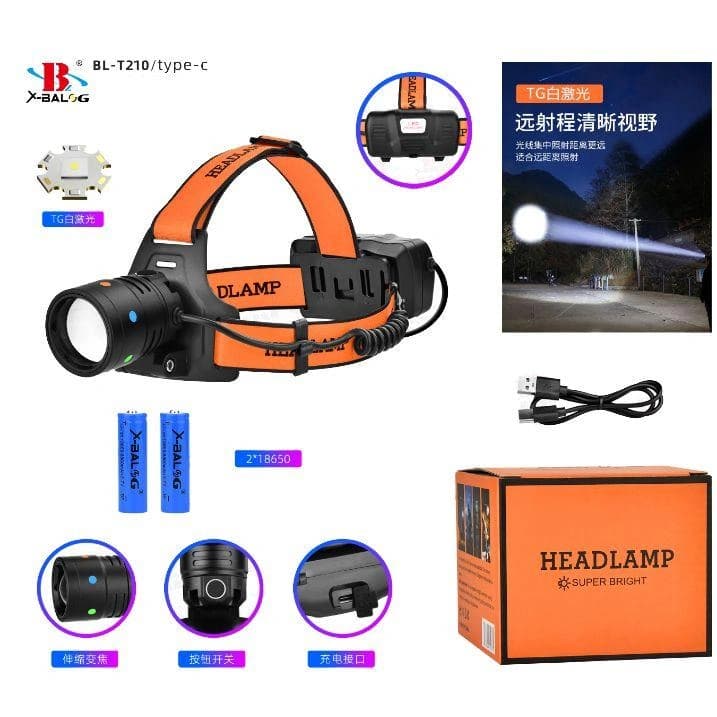Ліхтар налобний NIGHT VISION FLUORESCENCE BL-T210-TG, 2x18650, 1 РЕЖИМ, ЗП Type-C, zoom — фото 2