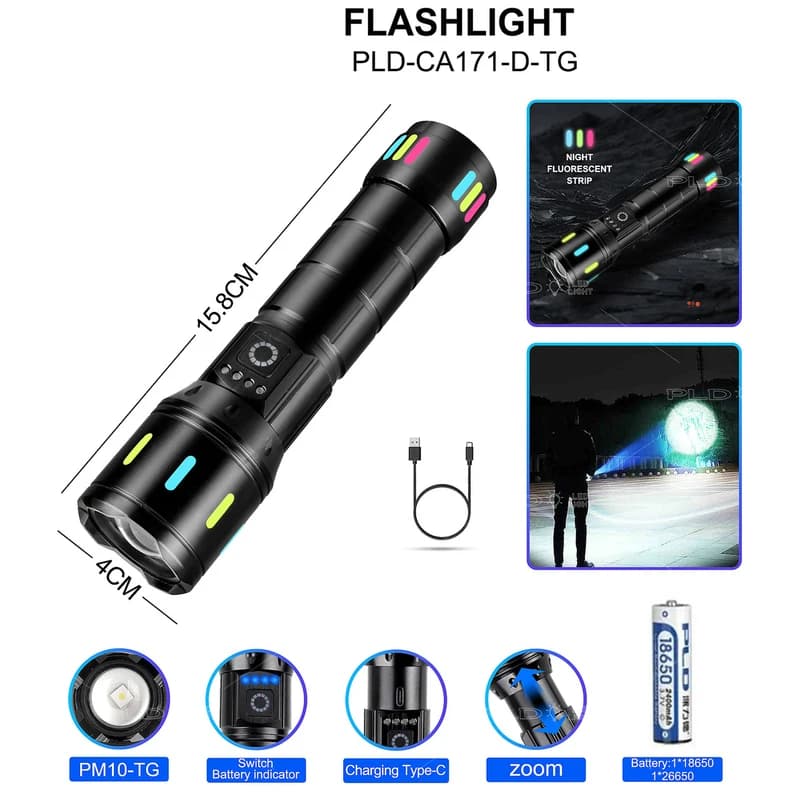 Ліхтар NIGHT VISION FLUORESCENCE CA171-D 1 РЕЖИМ WHITE LASER LED PM10-TG, індикація заряду, 1x18650/3xAAA, ЗП Type-C, zoom, Box, фото 2