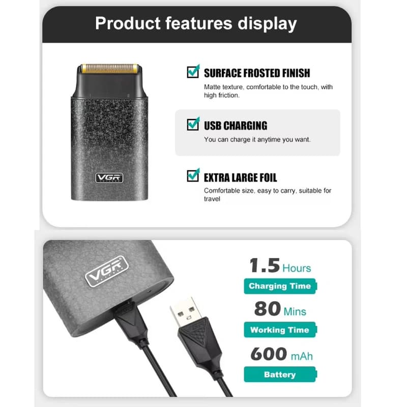 Акумуляторна електробритва VGR V-326 GRAY з USB-зарядкою — фото 2
