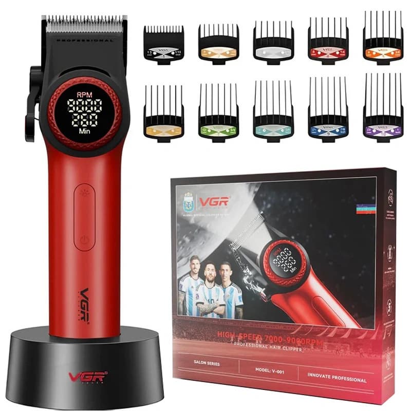Акумуляторна машинка для стриження (clipper) VGR V-001 RED, 10 насадок, 9000 RPM, 4600 mAh, LED light, LED display, фото 1