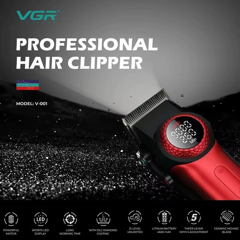 Акумуляторна машинка для стриження (clipper) VGR V-001 RED, 10 насадок, 9000 RPM, 4600 mAh, LED light, LED display, фото 3