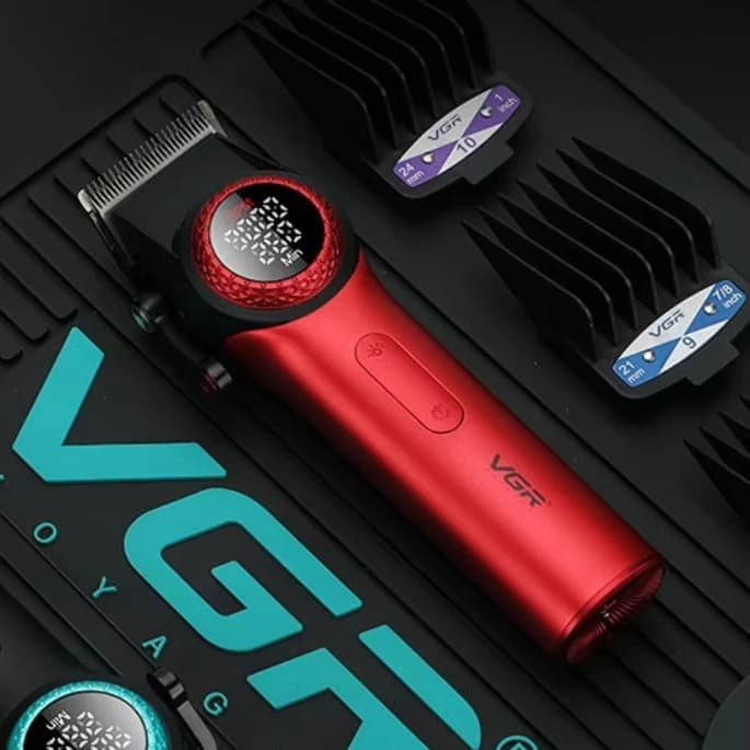 Акумуляторна машинка для стриження (clipper) VGR V-001 RED, 10 насадок, 9000 RPM, 4600 mAh, LED light, LED display, фото 4
