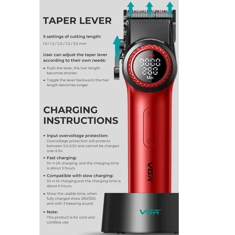 Акумуляторна машинка для стриження (clipper) VGR V-001 RED, 10 насадок, 9000 RPM, 4600 mAh, LED light, LED display, фото 7