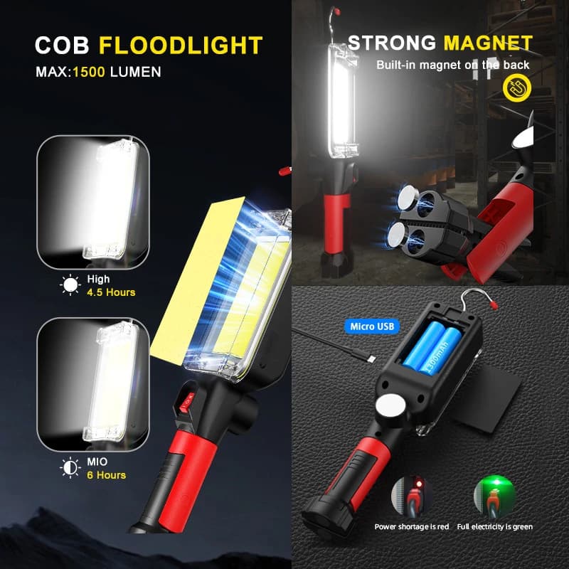 Ліхтар WORKLIGHT ZJ-8859-COB-2, ЗП Type-C, 2x18650, 3 магніта, прищепка, гак — фото 3
