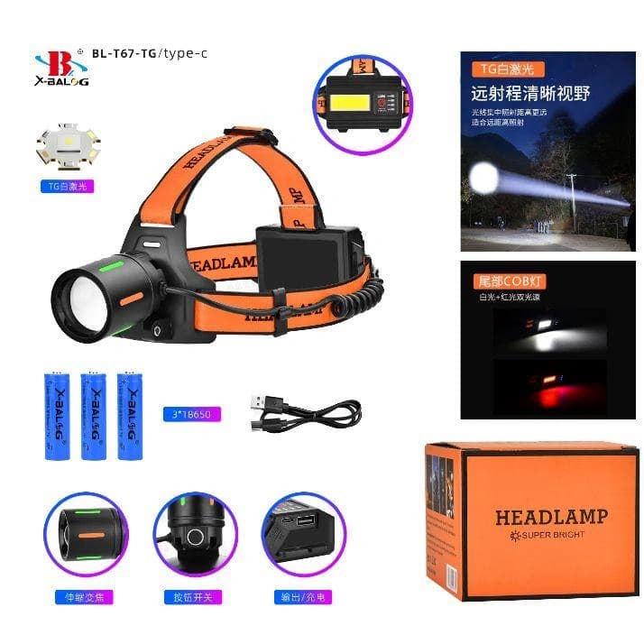 Ліхтар налобний NIGHT VISION FLUORESCENCE BL-T67-TG+COB(White+Red), 3x18650, 1 РЕЖИМ, Power Bank, ЗП Type-C, zoom — фото 2