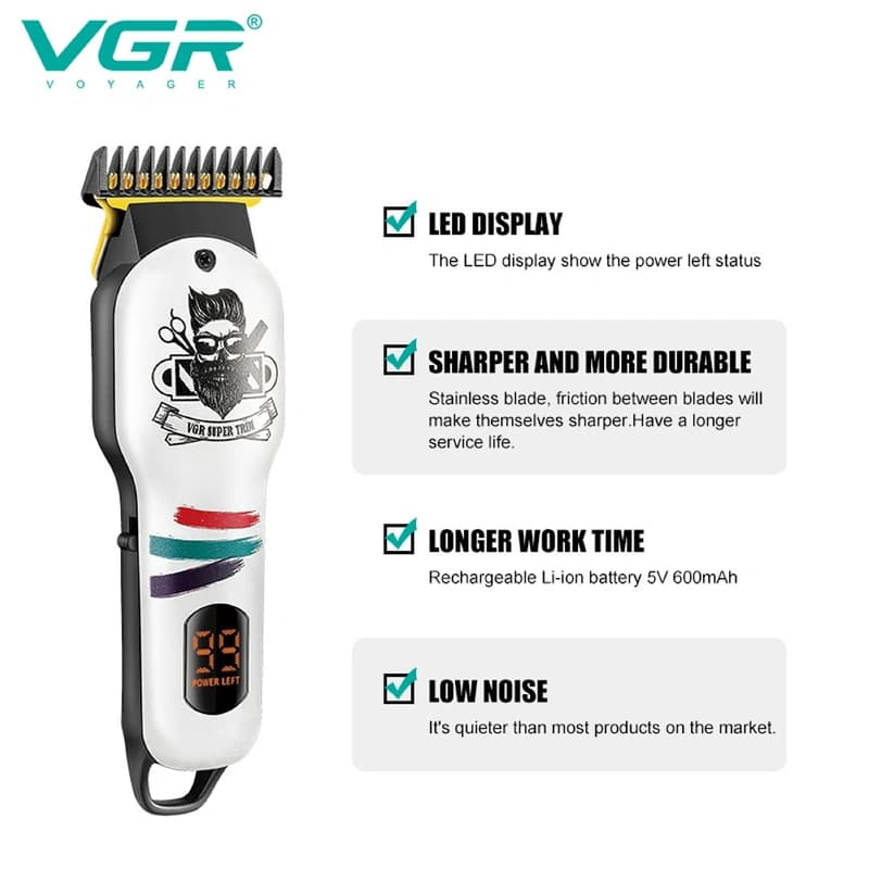 Машинка (триммер) для стрижки волосся VGR V-971 WHITE, Professional, 3 насадки, фото 4