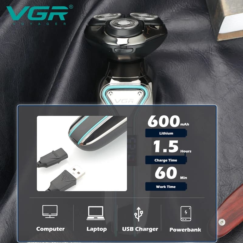 Електробритва VGR V-323 BLACK, роторна, IPX6, LED display, фото 6