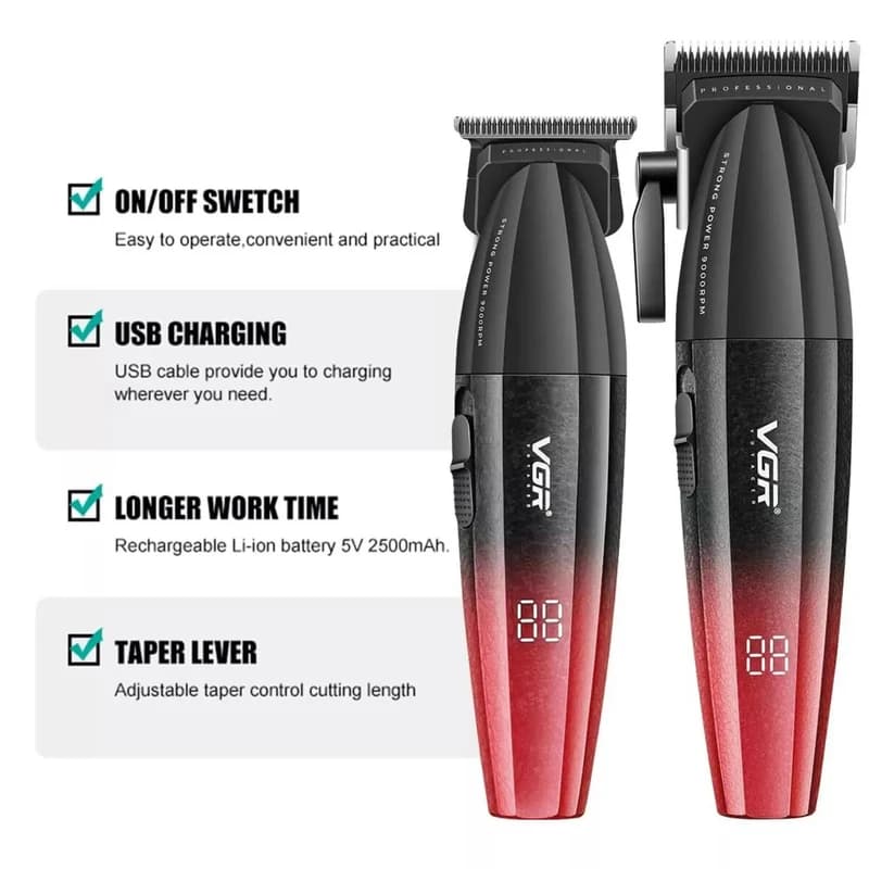 Комплект VGR 2 в 1 V-640 S2 RED аккумуляторная машинка для стрижки (clipper) и триммер, фото 2