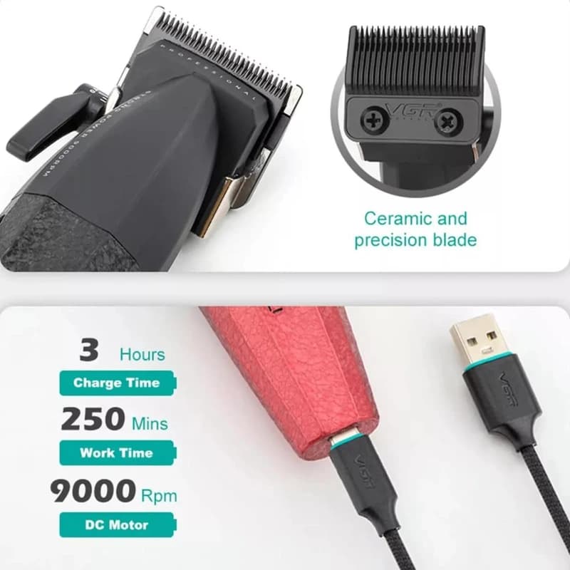 Комплект VGR 2 в 1 V-640 S2 RED аккумуляторная машинка для стрижки (clipper) и триммер, фото 4