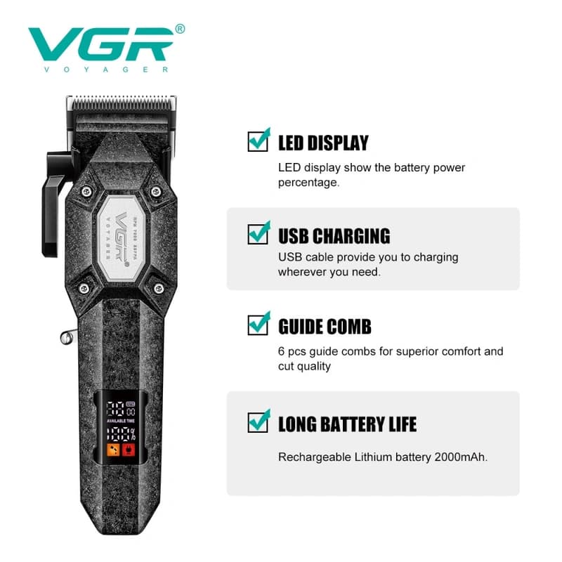 Акумуляторна машинка для стрижки (clipper) VGR V-600B, 6 насадок, регулятор висоти, LED display, 7000 RPM, фото 3