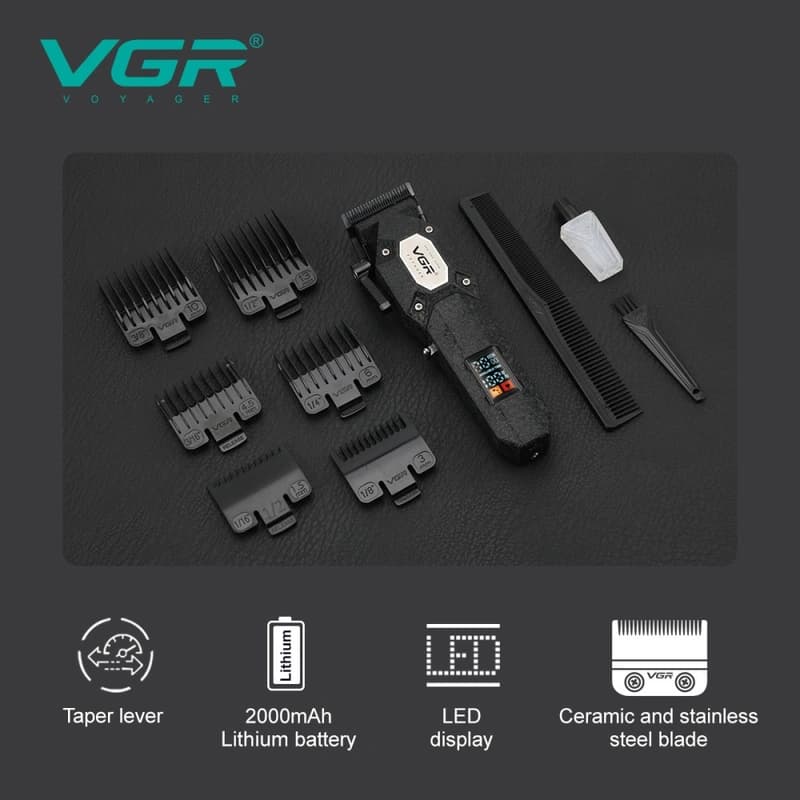 Акумуляторна машинка для стрижки (clipper) VGR V-600B, 6 насадок, регулятор висоти, LED display, 7000 RPM, фото 7