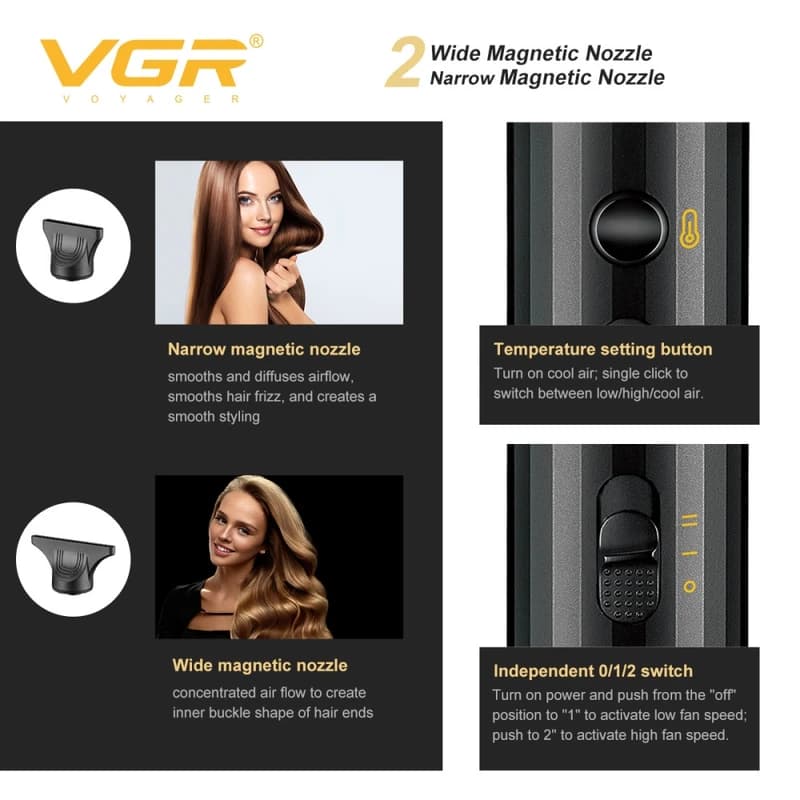 Фен профессиональный VGR V-285HD, 2 уровня обдува, 3 уровня температуры, 2 насадки, 110000RPM, 1300-1500 Вт, фото 7