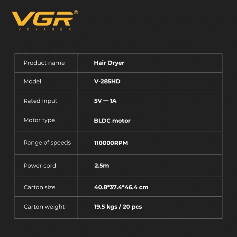 Фен профессиональный VGR V-285HD, 2 уровня обдува, 3 уровня температуры, 2 насадки, 110000RPM, 1300-1500 Вт, фото 8