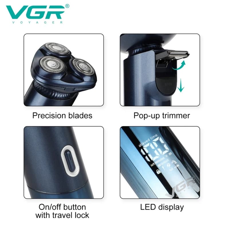 Електробритва VGR V-392 BLUE, роторна, IPX7, LED display, фото 3