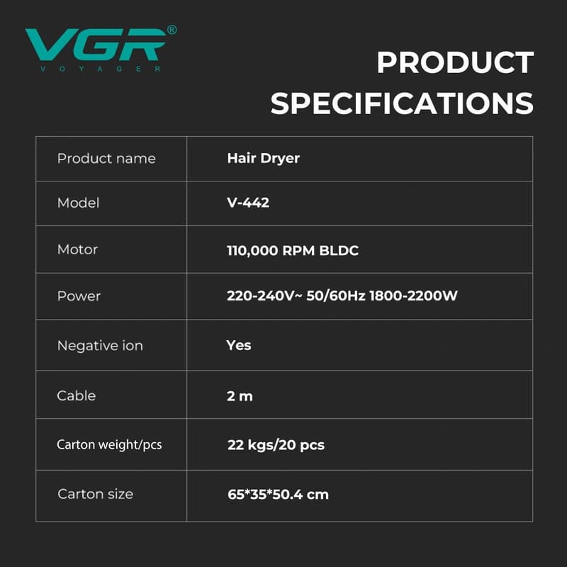 Фен професійний VGR V-442 BLACK, 3 швидкості, 3 режими температури, 110000 RPM, 1800-2200Вт, фото 6