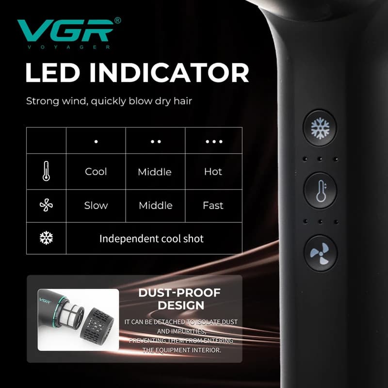 Фен професійний VGR V-442 BLUE, 3 швидкості, 3 режими температури, 110000 RPM, 1800-2200Вт, фото 4