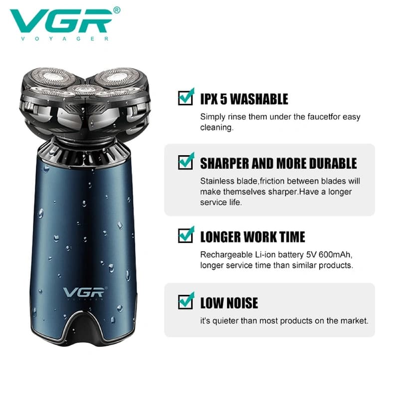 Электробритва VGR V-397 BLUE для мужчин, роторная для влажного и сухого бритья, IPX5, фото 3