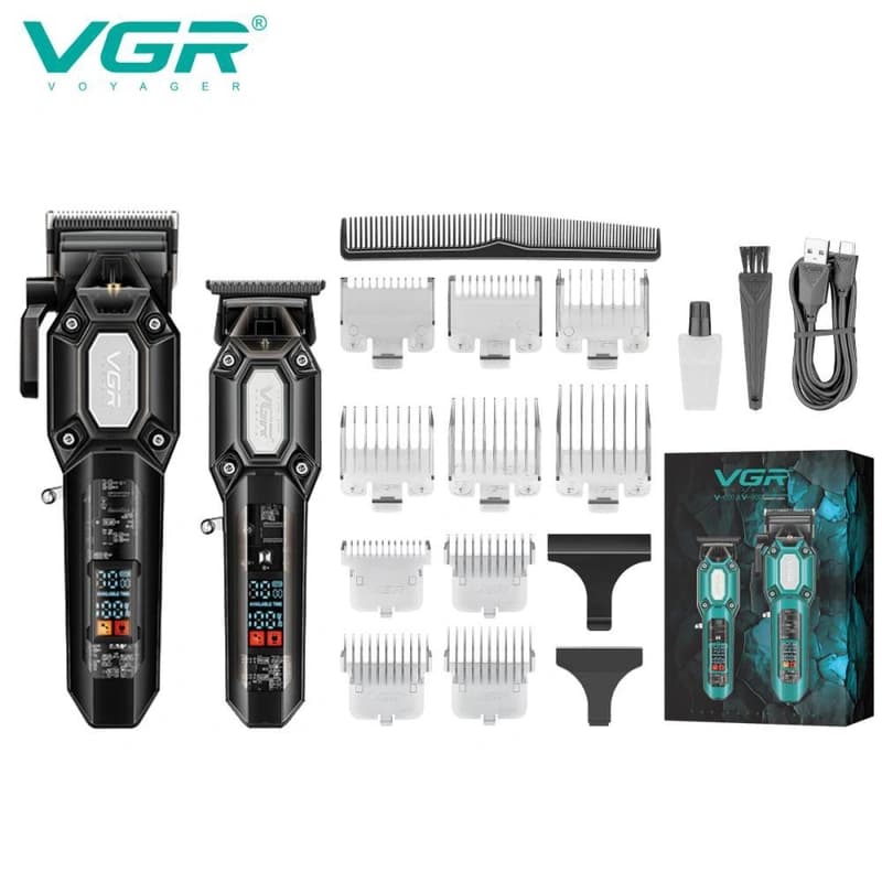 Комплект VGR 2 в 1 V-600&900 BLACK, акумуляторна машинка для стрижки (clipper) і тример, 10 насадок, LED display, 7000 RPM, фото 1