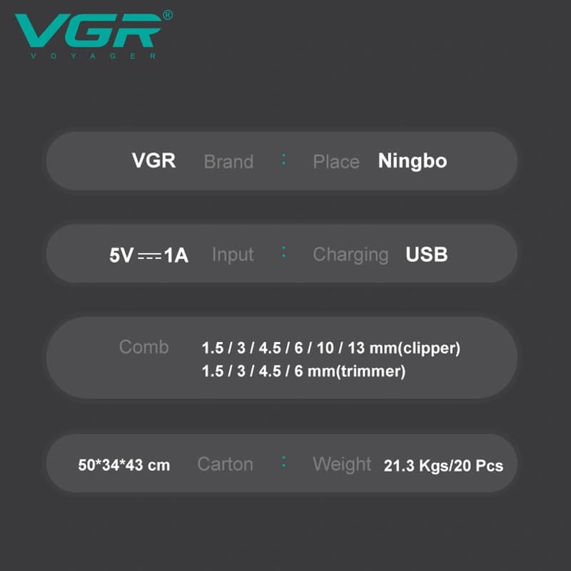 Комплект VGR 2 в 1 V-600&900 BLACK, акумуляторна машинка для стрижки (clipper) і тример, 10 насадок, LED display, 7000 RPM, фото 3