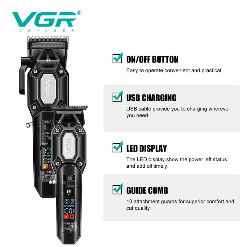Комплект VGR 2 в 1 V-600&900 BLACK, акумуляторна машинка для стрижки (clipper) і тример, 10 насадок, LED display, 7000 RPM, фото 4