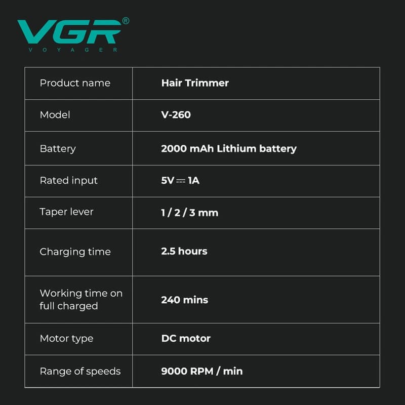 Тример VGR V-260 GREEN, 3 насадки, 2000mAh, 9000 RPM, LED display, фото 3