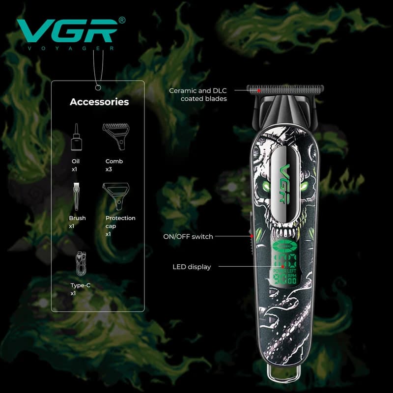 Тример VGR V-260 GREEN, 3 насадки, 2000mAh, 9000 RPM, LED display, фото 4