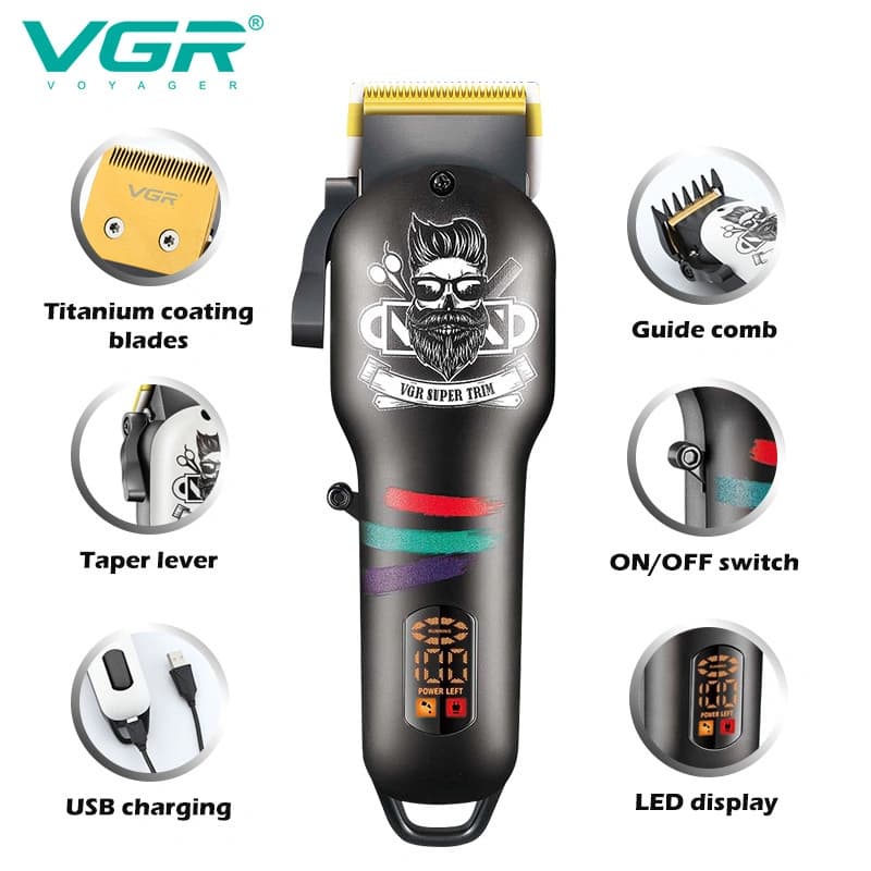 Акумуляторна машника для стриження (clipper) VGR V-699 BLACK, 4 насадки, LED display — фото 2