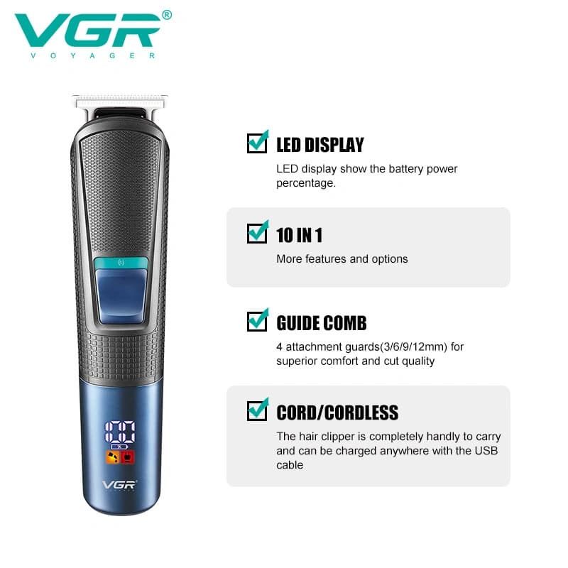 Набір для стриження VGR 10 в 1 V-108, 10 насадок, LED display — фото 5