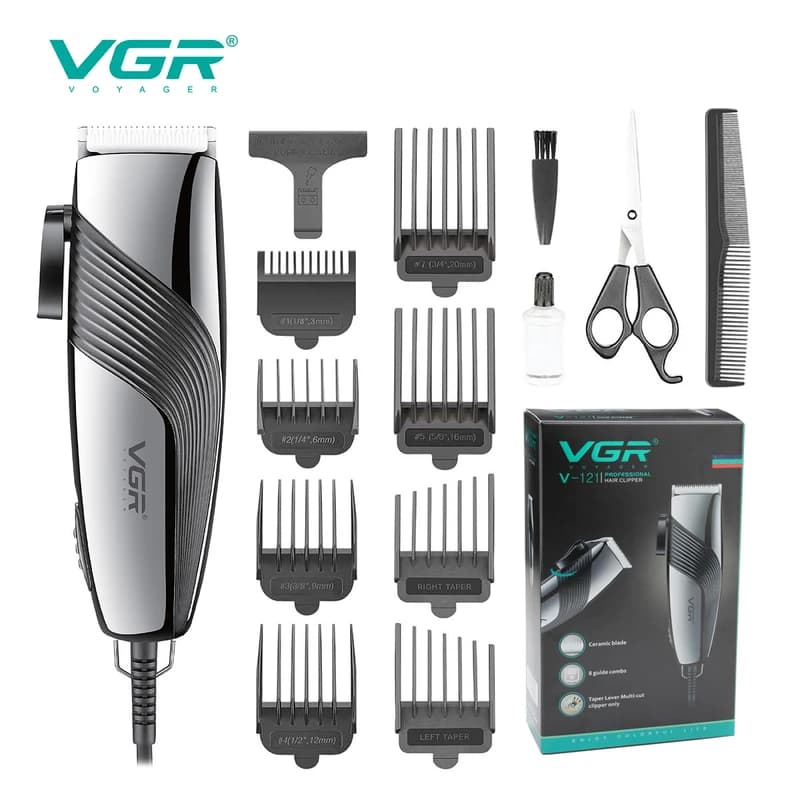 Машинка (триммер) для стрижки волосся та бороди VGR V-121, Professional, 8 насадок, Ножиці + Гребінець, від мережі — фото 8