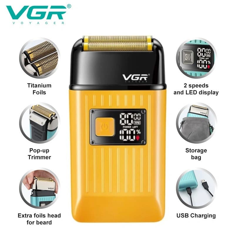 Електробритва VGR V-357 шейвер GOLD, подвійне лезо, 2 насадки, висувний тример, IPX6, LED display — фото 8