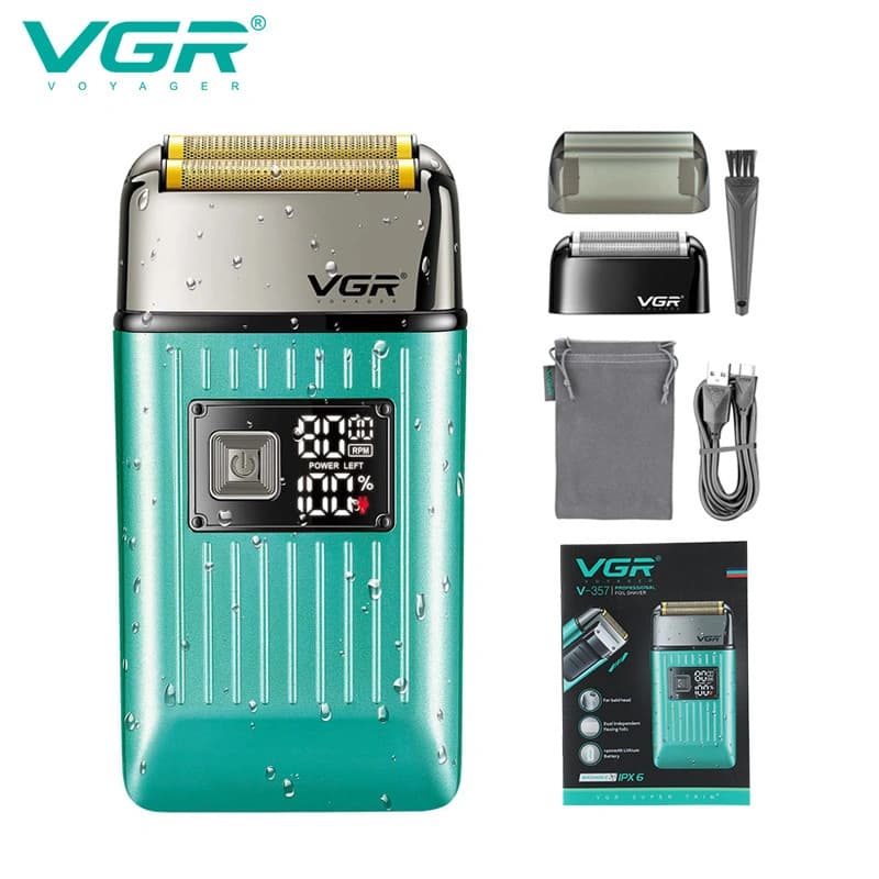 Електробритва VGR V-357 шейвер GREEN, подвійне лезо, 2 насадки, висувний тример, IPX6, LED display — фото 1
