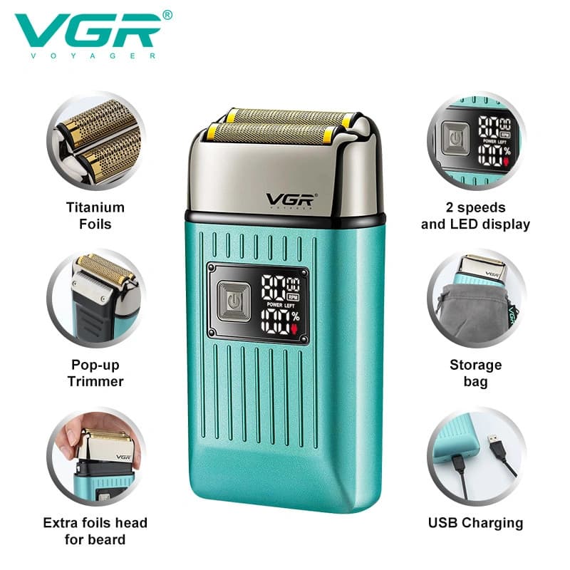 Електробритва VGR V-357 шейвер GREEN, подвійне лезо, 2 насадки, висувний тример, IPX6, LED display — фото 2